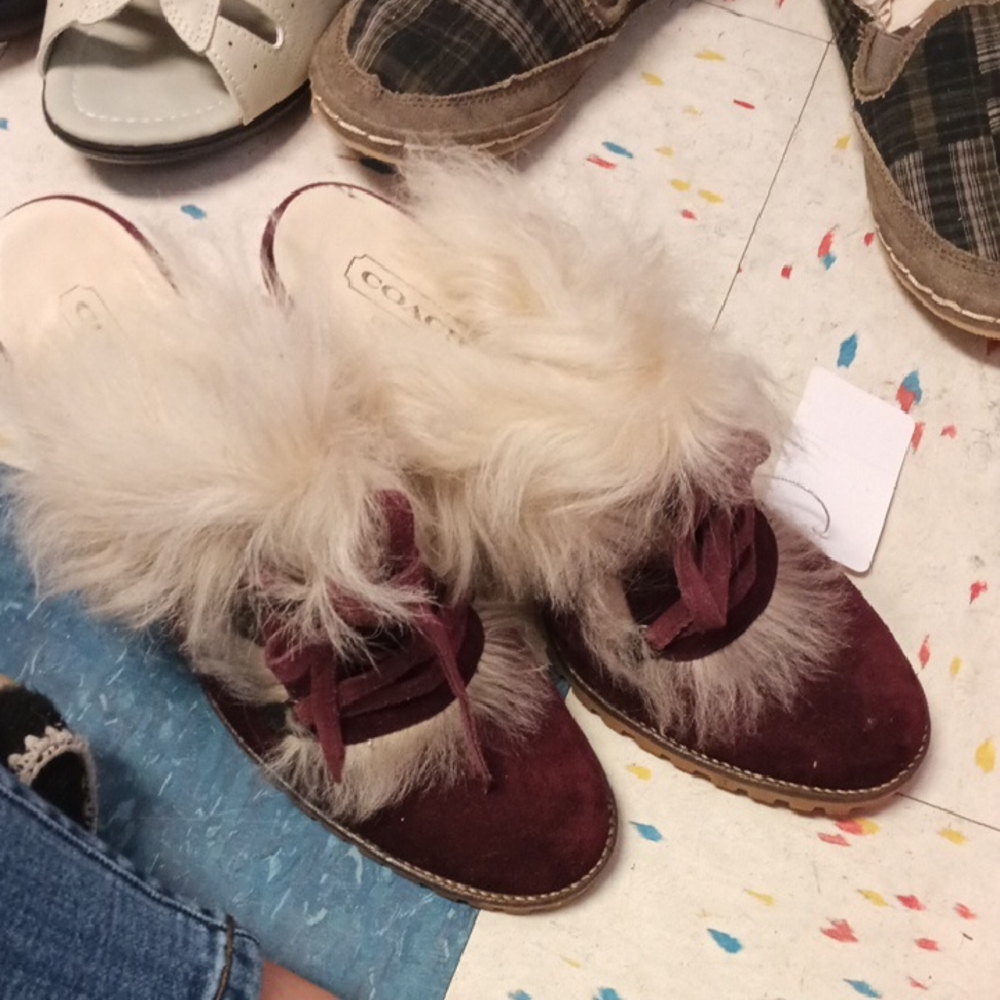Coach Maroon and Cream Fur Women's Mules